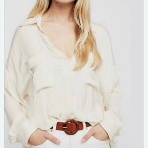 Free People Cream Button-Front V-Neck Blouse